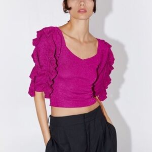 Zara Magenta Ruffle-Sleeve Crop Top
